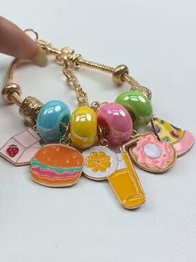 18k Plated Gold Pandora Style Charm Bracelet with Pastel Bead and Food Charms